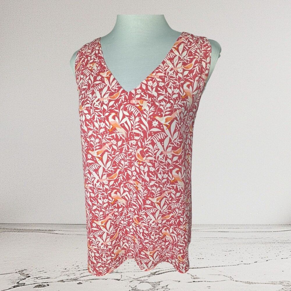 LOFT Tank Top Sz S VNeck Sleeveless Pink Floral Orange Birds